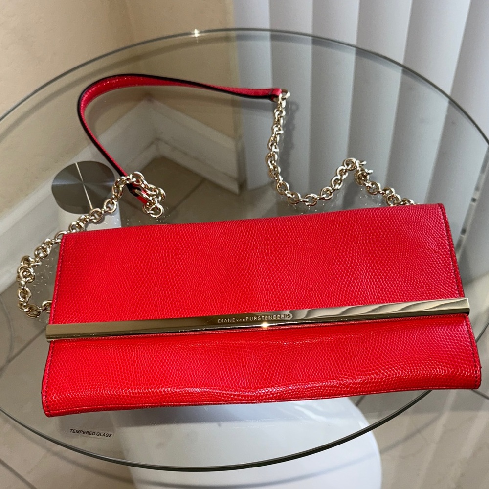 Diane Von Furstenberg Red Leather Chain Strap Clutch
